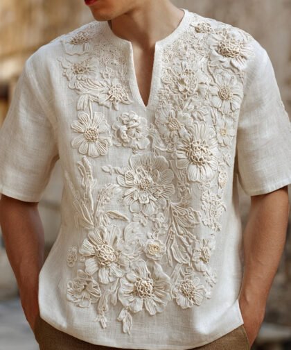 Men's Vintage Floral Lace Embroidered Linen Shirt
