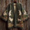 Japanese Cranes & Pine Trees Embroidered Linen Kimono Cardigan