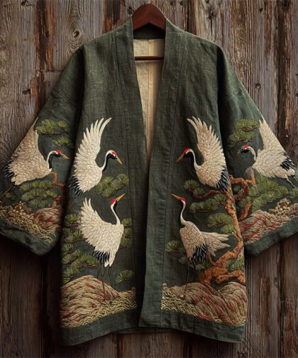 Japanese Cranes & Pine Trees Embroidered Linen Kimono Cardigan