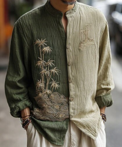 Men's Japanese-style Bamboo Waves Pattern Linen Blend Shirt