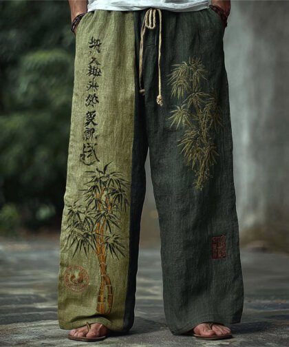 Men's Japanese Bamboo Calligraphy Art Contrast Linen Pants