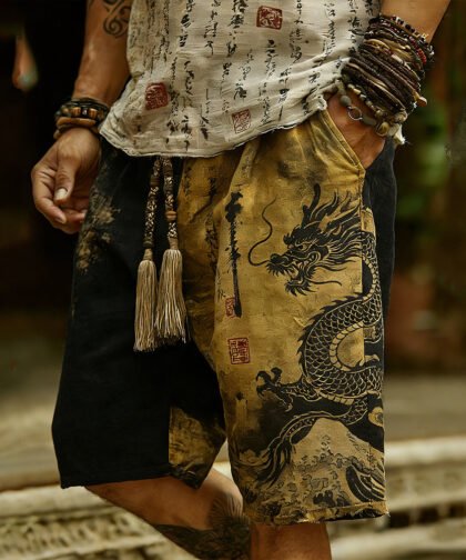 Japanese Style Gold-plated Dragon Totem Linen Shorts