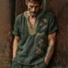 Men's Japanese Bamboo Waves Art Cozy Linen V Neck Shirt
