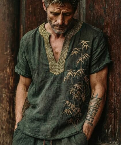 Men's Japanese Bamboo Waves Art Cozy Linen V Neck Shirt