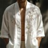 Men's Classy White Almond Blossom Embroidered Linen Kimono