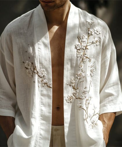 Men's Classy White Almond Blossom Embroidered Linen Kimono