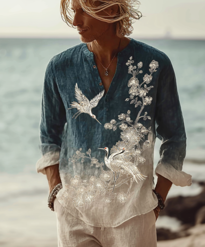 Bohemian Style Men's Casual Cotton And Linen Long-sleeve Shirt