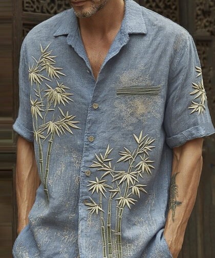 Men's Vintage Bamboo Embroidery Art Short Sleeve Linen Blend Shirt