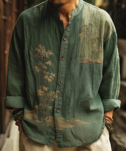 Men's Japanese-style Bamboo Waves Pattern Linen Blend Shirt