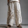 Men's Vintage Japanese Plum Blossom Embroidered Linen Trousers