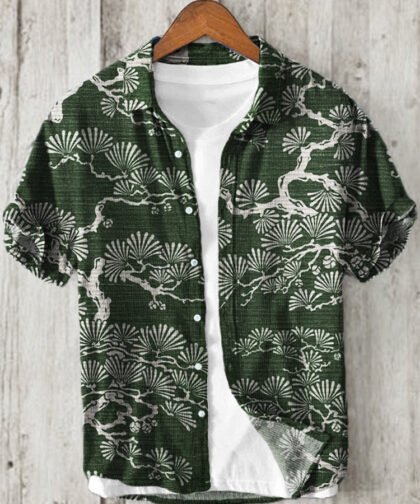 Pine Trees Japanese Lino Art Pattern Linen Blend Shirt