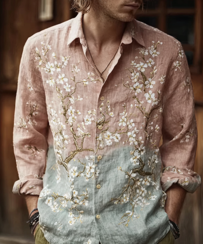 Bohemian Retro Style Floral Print Men's Long-sleeve Shirt