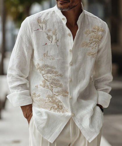 Men's Japanese-style Pine Tree With Cranes Pattern Linen Blend Shirt