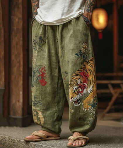 Men's Japanese Tiger Pattern Art Contrast Wide Leg Linen Pants