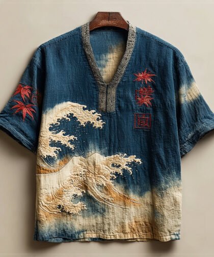 Vintage Japanese Maple & Wave Art Men's Linen V-neck Shirt
