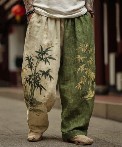 Men's Japanese Bamboo Art Contrast Wide Leg Linen Pants