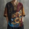 Men's Retro Japanese Calligraphy Dragon Art Pattern Linen Blend Shirt