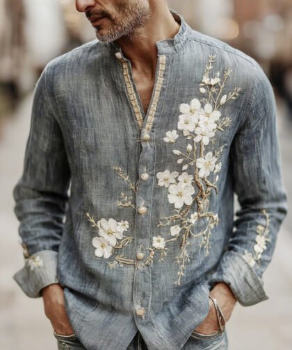 Men's Japanese-style Cherry Blossom Pattern Linen Blend Shirt
