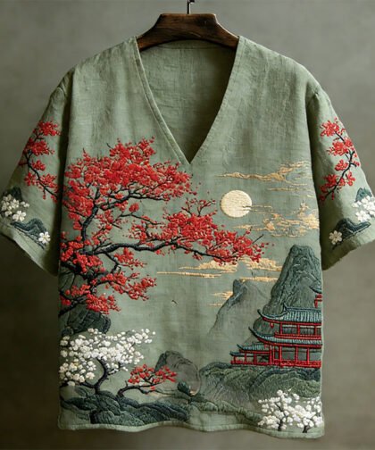 Men's Japanese-style Landscape Pattern Short-sleeved V-neck Shirt - Green, M