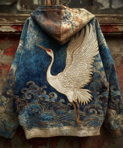Japanese Ocean Crane Art Men's Vintage Hoodie