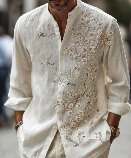Men's Japanese-style Cherry Blossom With Crane Pattern Linen Blend Shirt