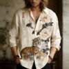 Men's Froal With Tiger Embroidery Painting Art Linen Shirt
