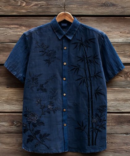 Vintage Flowers & Bamboo Art Short Sleeve Linen Shirt