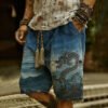 Vintage Japanese Style Dragon And Wave Linen Shorts