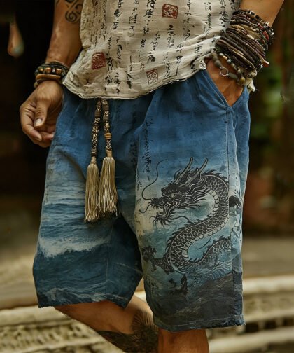 Vintage Japanese Style Dragon And Wave Linen Shorts