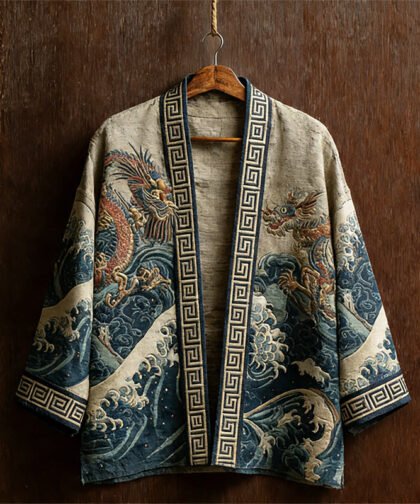 Japanese Dragons & Sea Waves Art Linen Kimono