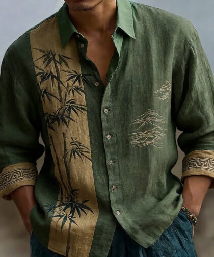 Japanese Bamboo Pattern Embroidered Color Blocked Linen Blend Shirt