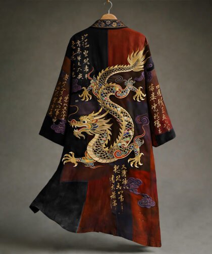 Men's Vintage Japanese Calligraphy Dragon Art Pattern Linen Blend Kimono