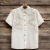 Vintage Clouds & Cranes Art Short Sleeve Linen Shirt