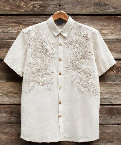 Vintage Clouds & Cranes Art Short Sleeve Linen Shirt