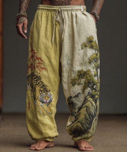 Men's Retro Japanese Tiger Embroidery Art Linen-blend Casual Pants