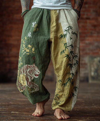 Men's Bamboo Forest Tiger Print Art Linen-blend Casual Pants