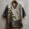 Men's Japanese Pine Trees & Sea Waves Calligraphy Art Linen Shirt