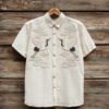 Vintage Clouds & Cranes Art Short Sleeve Linen Shirt