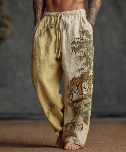 Men's Japanese Style Tiger And Bamboo Forest Retro Tie-dye Linen Trousers