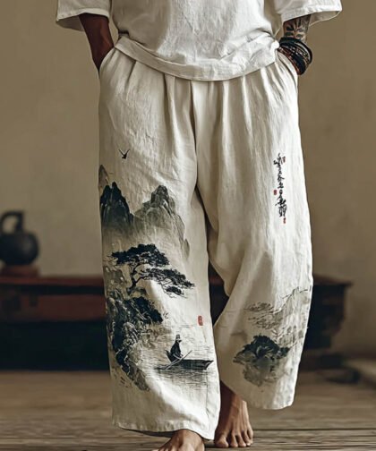 Men's Retro Japanese Landscape Print Casual Pants