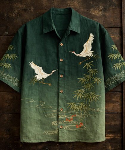 Men's Japanese-style Bamboo Cranes Pattern Linen Short-sleeved Shirt