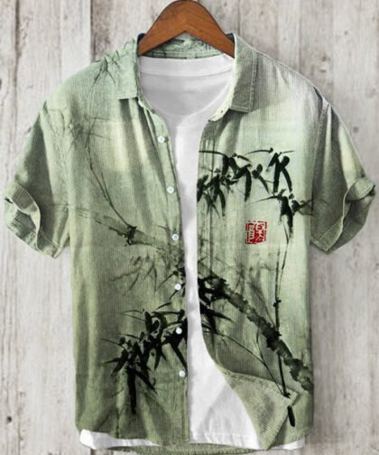 Bamboo Forest Full Moon Night Japanese Art Linen Blend Shirt