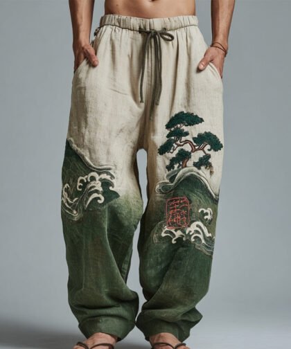 Men's Japanese Waves & Pine Tree Embroidered Linen Trousers
