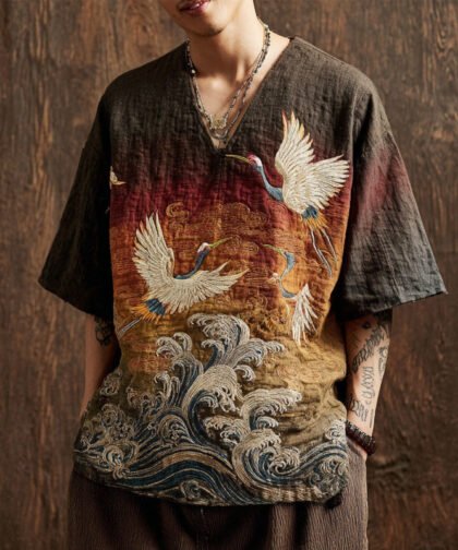 Japanese Waves & Cranes Embroidered Gradient Linen Shirt