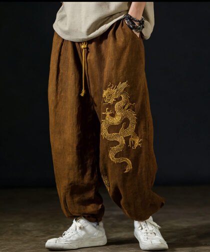 Men's Casual Cotton And Linen Wide-leg Pants With Dragon Patterns And Embroidered Floral Patterns - Brown, M
