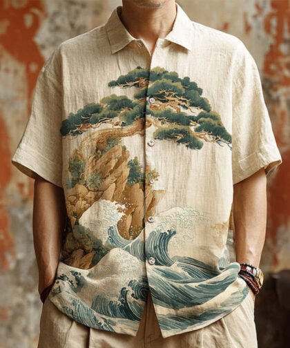 Men's Japanese-style Landscape Pattern Linen Short-sleeved Shirt