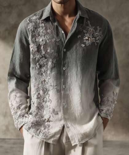 Men's Boho Floral Embroidered Gradient Linen Shirt