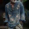 Men's Vintage Floral Gradient Embroidered Button Comfy Linen Shirt