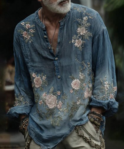 Men's Vintage Floral Gradient Embroidered Button Comfy Linen Shirt