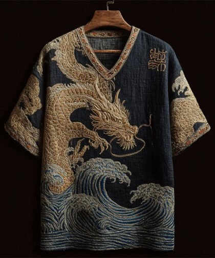 Japanese Golden Dragon & Sea Waves Embroidered Linen Shirt